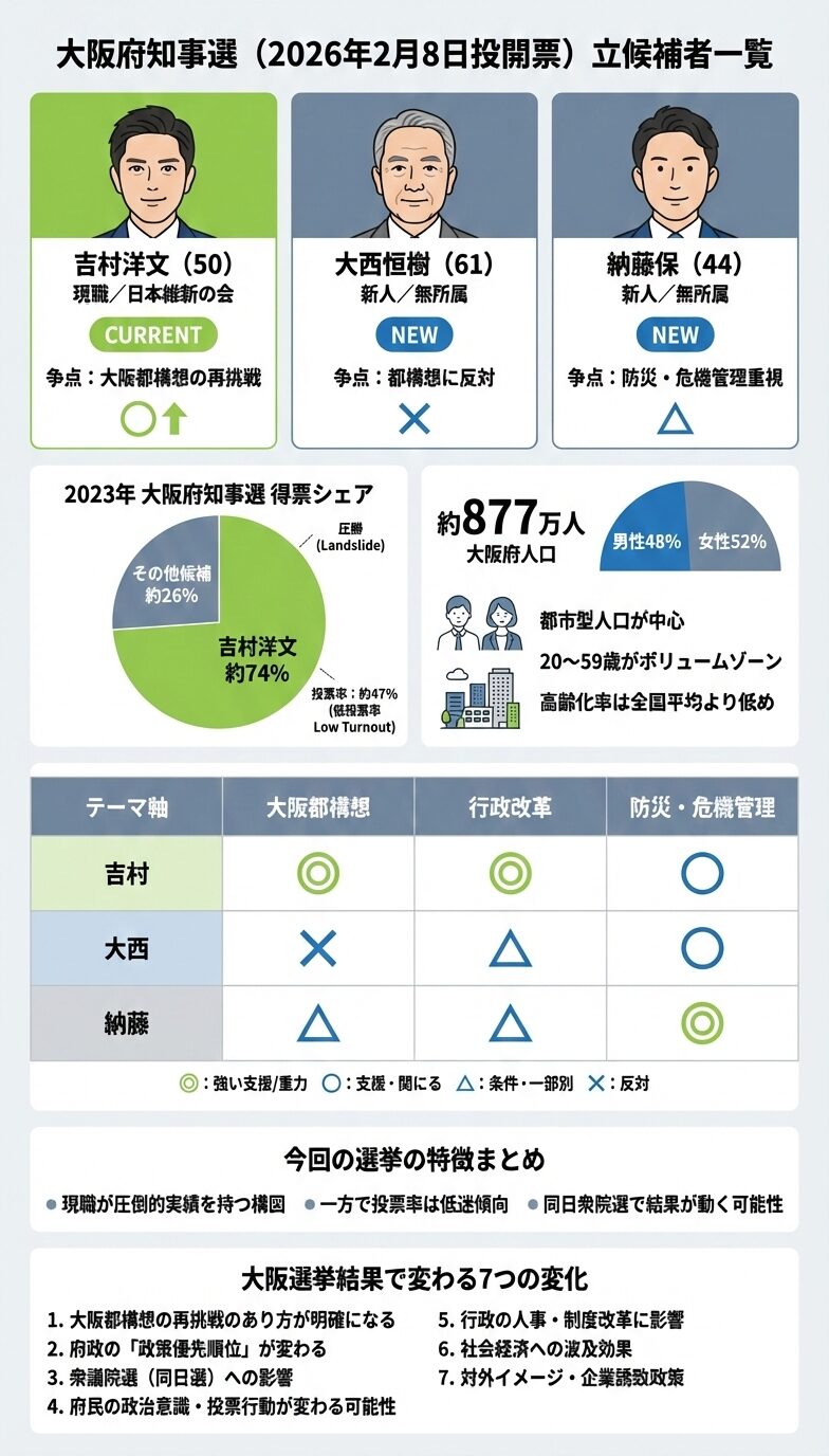 大阪府知事選2026:誰が出て、誰が勝ってきて、誰が投票するのか